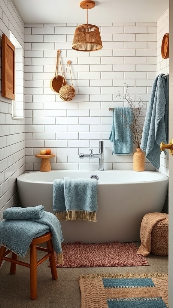 A stylish bathroom featuring earthy and dusty blue textiles, a freestanding tub, and natural wood accessories.