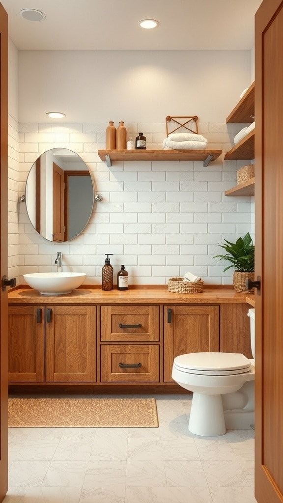 A modern bathroom featuring natural wood accents and caramel shades, with a round mirror and potted plant.