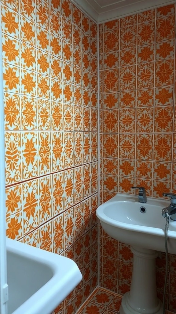 Bathroom with vintage-inspired rust orange floral tiles
