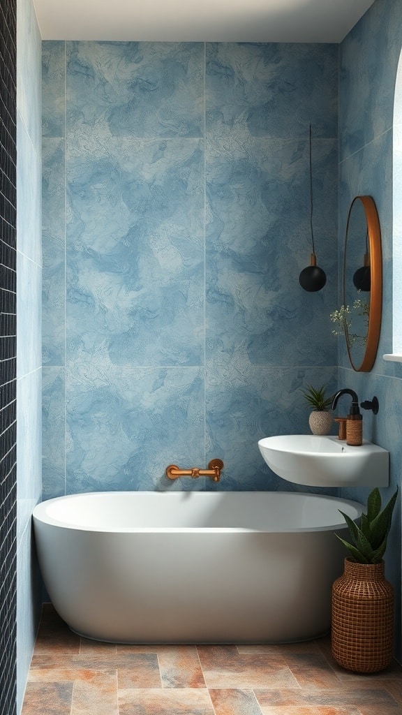 A bathroom featuring textured dusty blue walls, a modern white bathtub, and stylish sink with earthy accents.