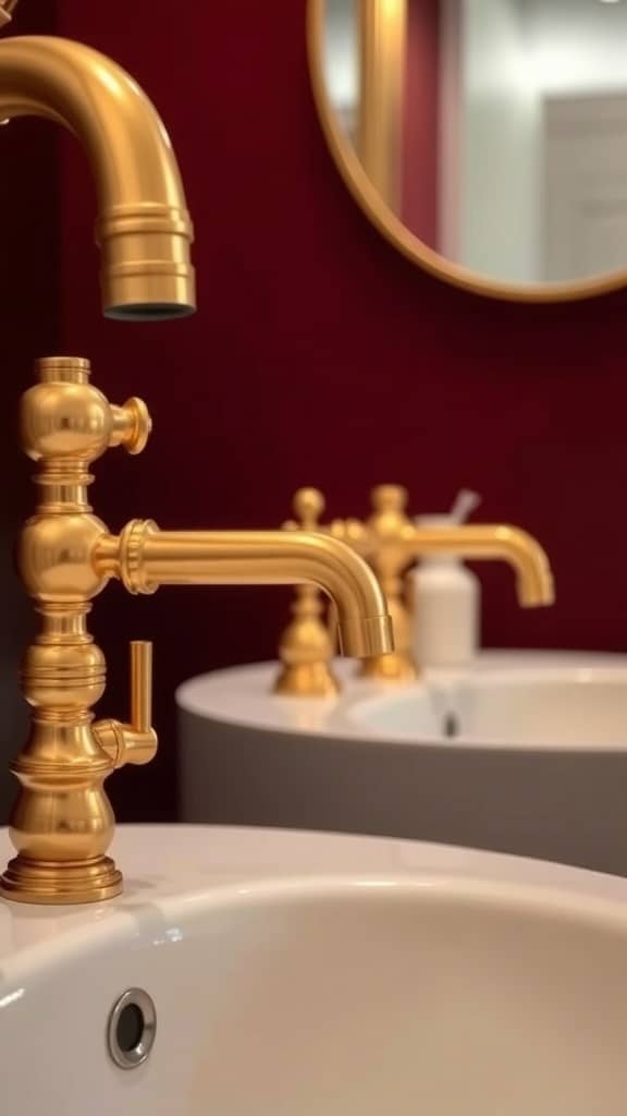 Gold bathroom fixtures against a burgundy wall