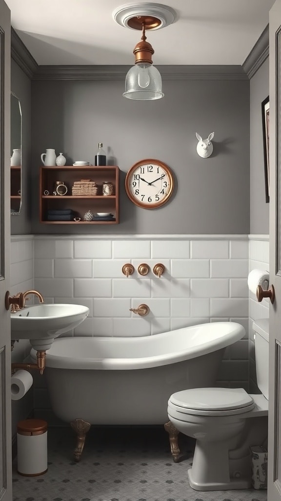 A vintage-inspired gray bathroom featuring a freestanding tub, white tiles, and copper fixtures.