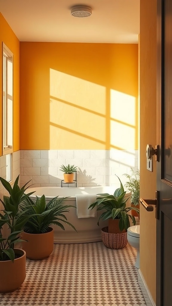 A bright bathroom with ochre yellow walls, white tiles, and plants, illuminated by natural light.