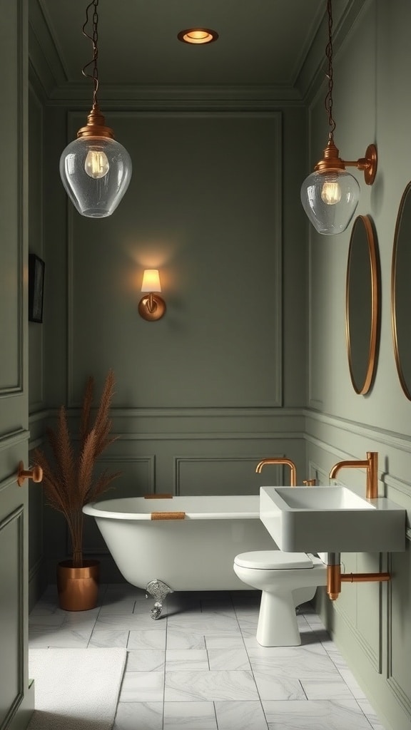 A stylish olive green bathroom with pendant and wall lighting, showcasing a modern design.