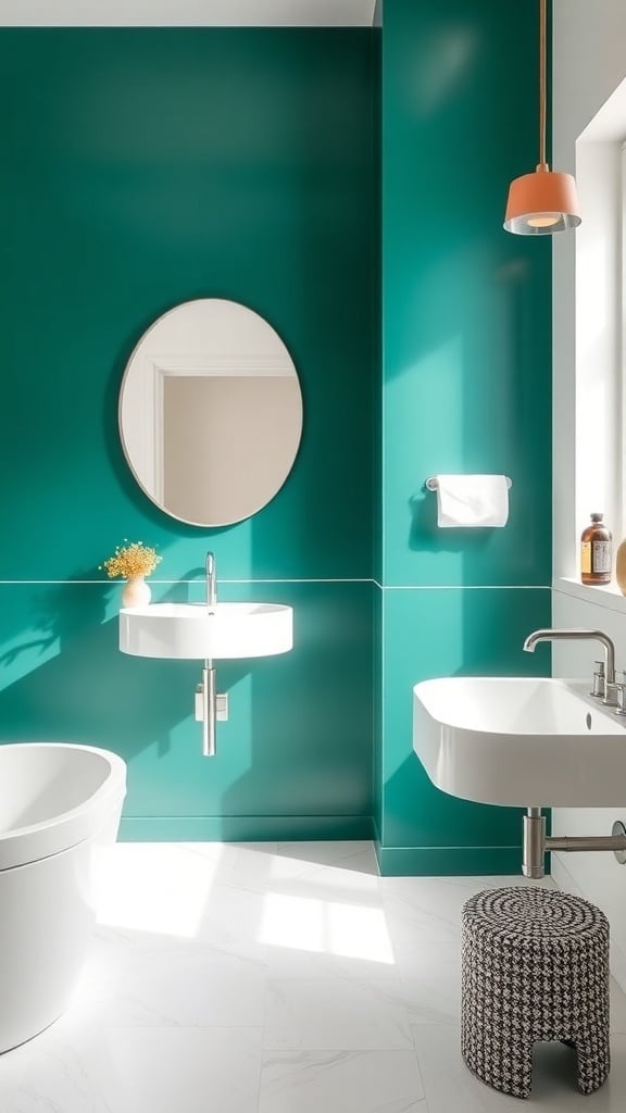 A modern bathroom featuring a bold emerald green accent wall, round mirror, and sleek white fixtures.
