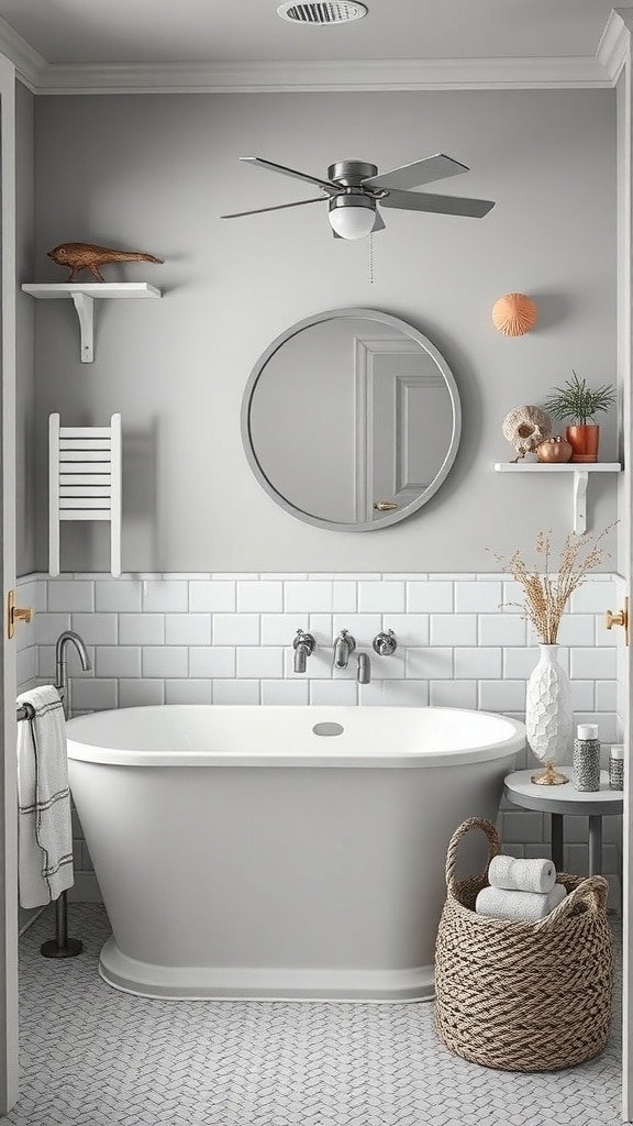 Aesthetic gray bathroom with coastal decor, featuring a round mirror, white bathtub, and nautical touches.