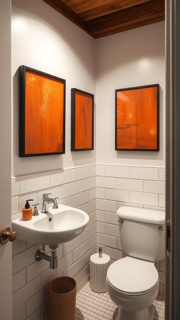 A small bathroom featuring rust orange artwork on the walls, with a white sink and toilet.