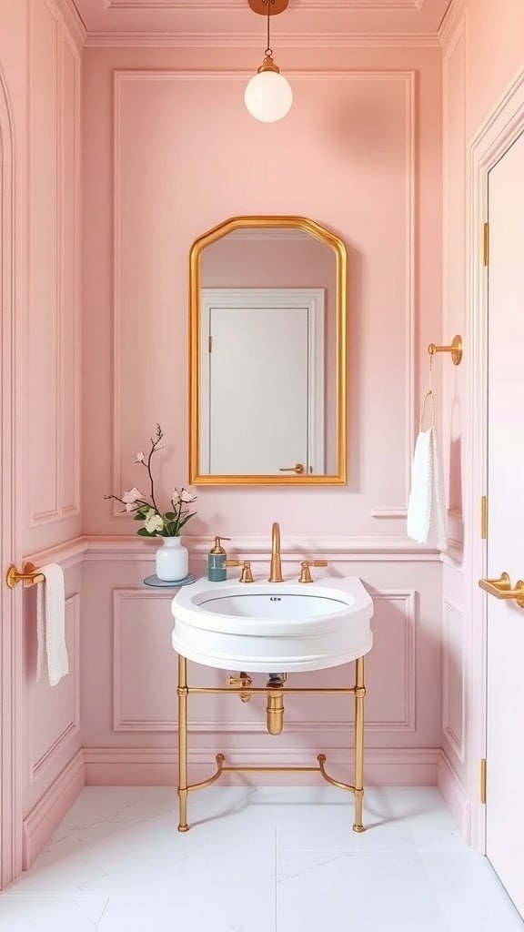 A blush pink bathroom featuring gold fixtures, a round mirror, and a white sink.