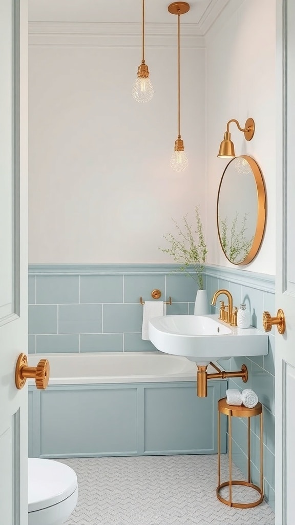 A soft mint bathroom featuring gold metallic accents, including fixtures and lighting.