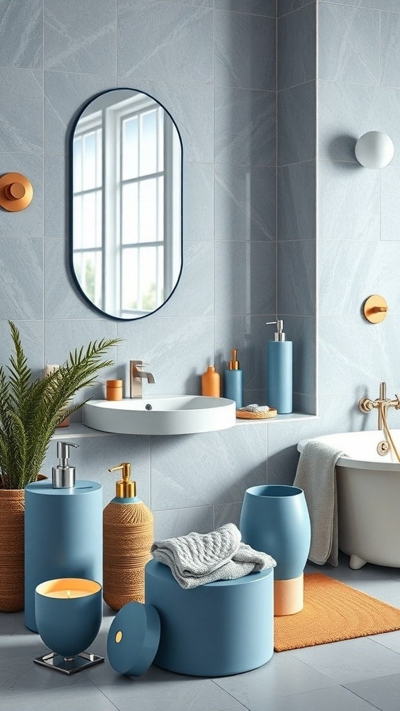 Stylish bathroom accessories in earthy blue tones with orange accents