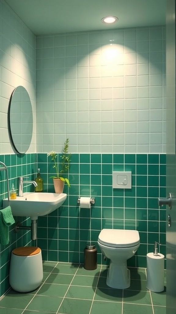 A cozy green bathroom with deep green tiles, a round mirror, and a potted plant.
