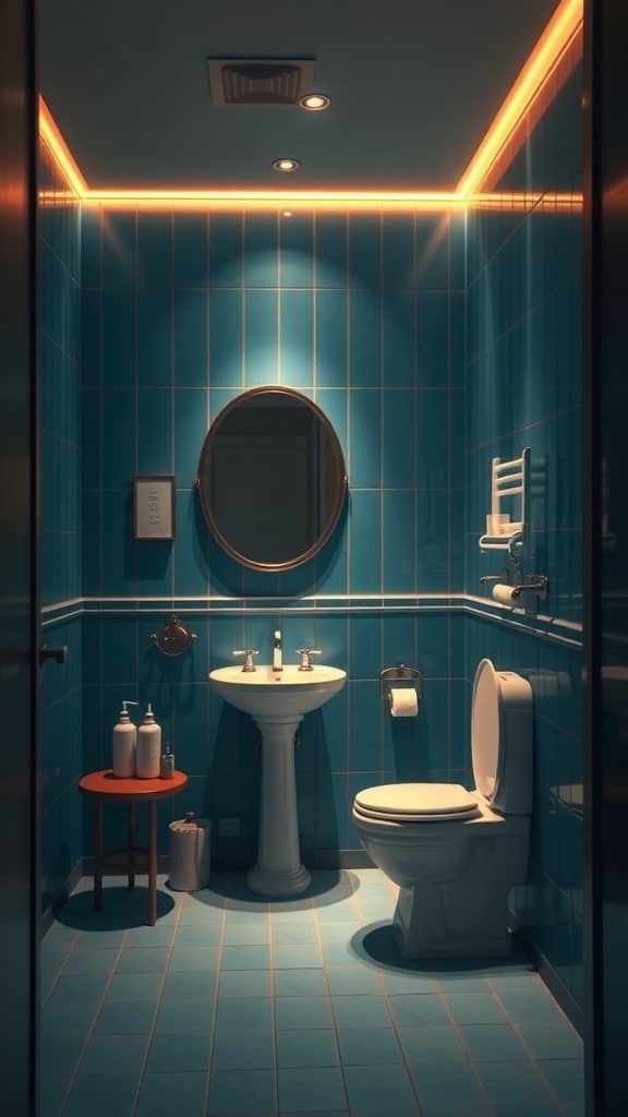 A serene bathroom with peacock blue tiles and warm lighting