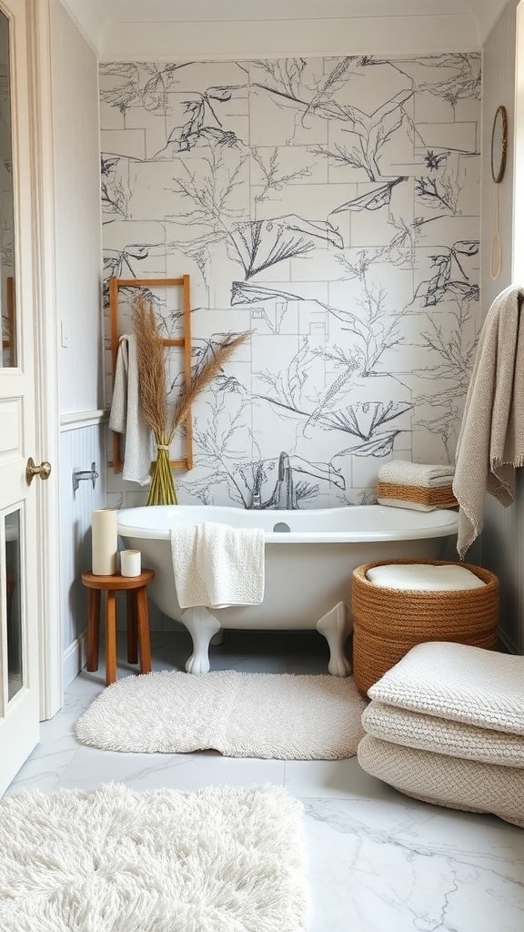 A cozy cream bathroom featuring layered textiles and rugs, with a bathtub, sink, and decorative elements.