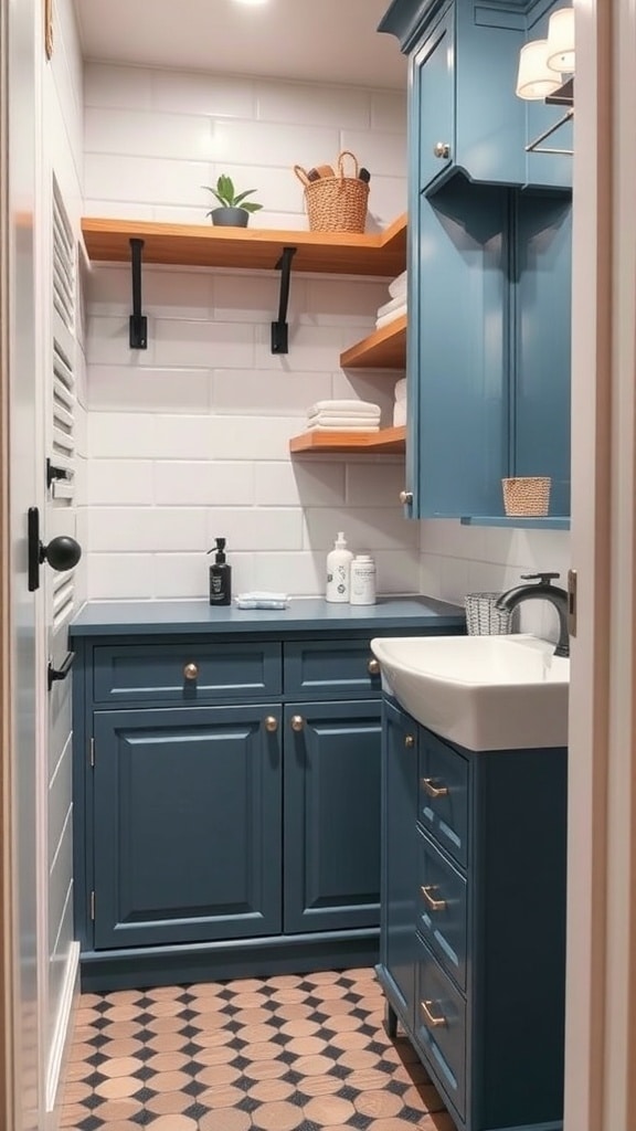 A small slate blue bathroom featuring stylish storage solutions with open shelves and cabinetry.