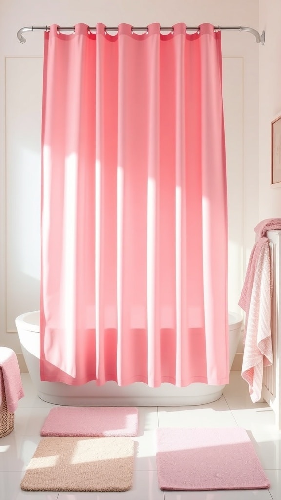 Blush pink shower curtain in a bright bathroom setting