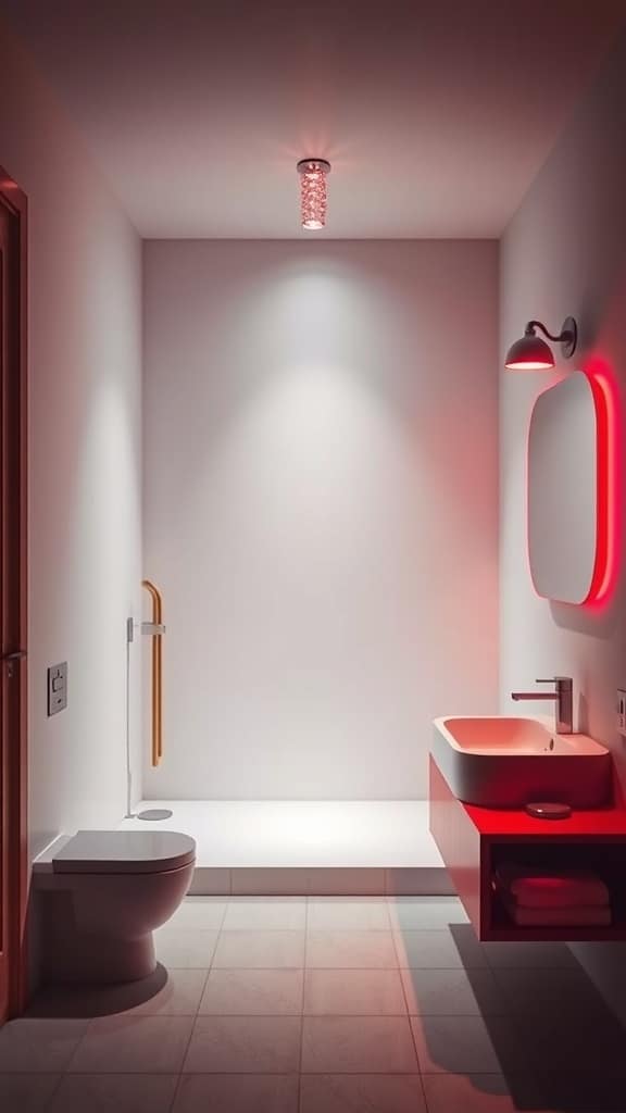 A minimalist bathroom with red lighting fixtures, showcasing a modern design.