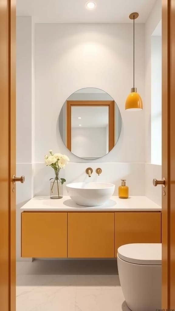 A minimalist bathroom featuring a dark gray wall, white fixtures, and mustard yellow accents.