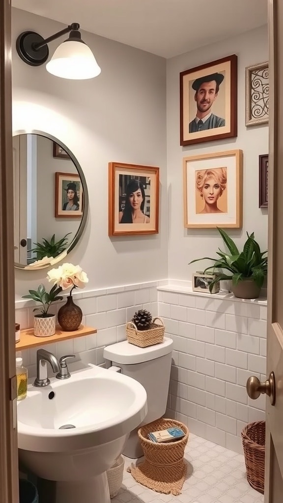 A cozy cream bathroom featuring framed photos on the walls, a small plant, and decorative items on the sink.
