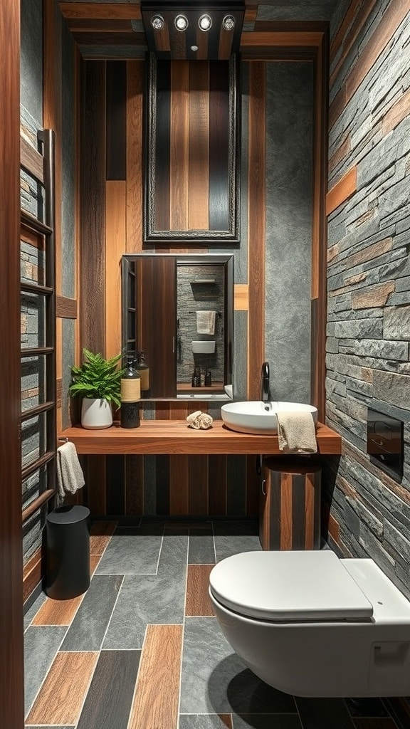 A stylish dark bathroom featuring a mix of wooden panels and stone walls, with a modern sink and decorative plants.
