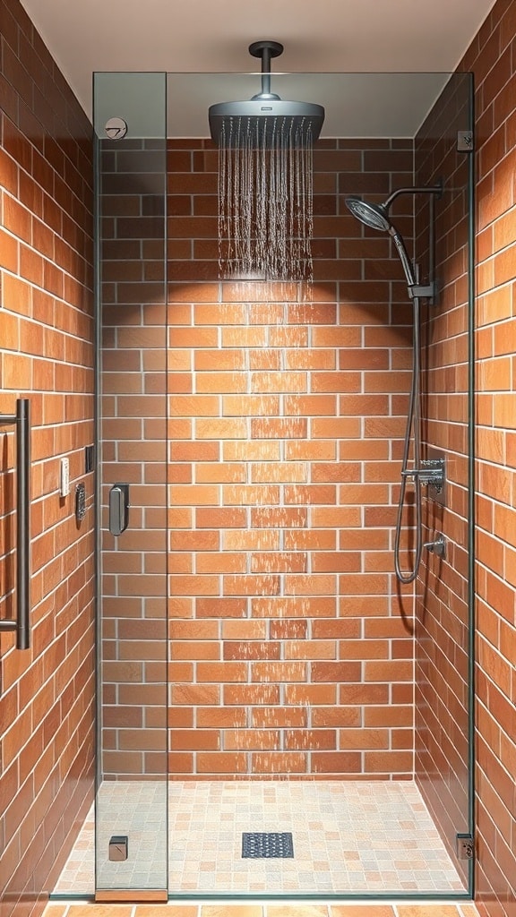 A modern shower design featuring terracotta tiles and a glass enclosure.