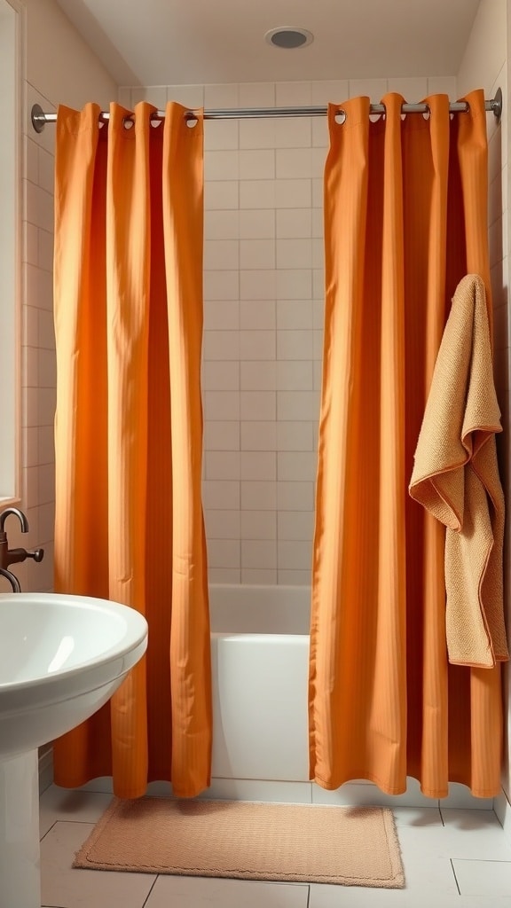 A bathroom featuring orange shower curtains and a beige bath mat.