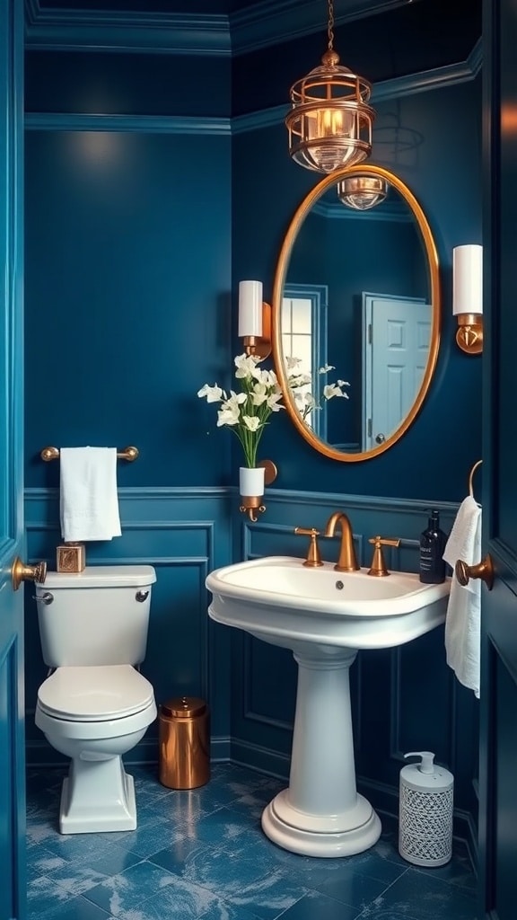 A peacock blue bathroom featuring white fixtures and gold accents, including a round mirror and stylish lighting.