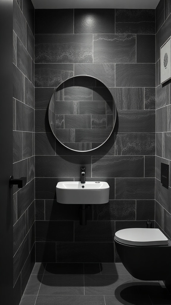 A modern bathroom featuring charcoal gray textured walls, a circular mirror, and minimalist fixtures.