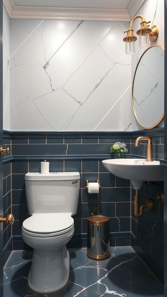A small bathroom featuring slate blue tiles with gold fixtures and accessories.