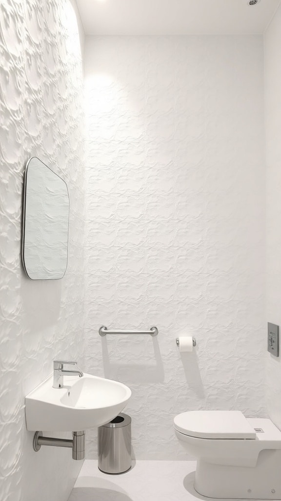 A small bathroom featuring textured white walls, a modern sink, and a toilet.