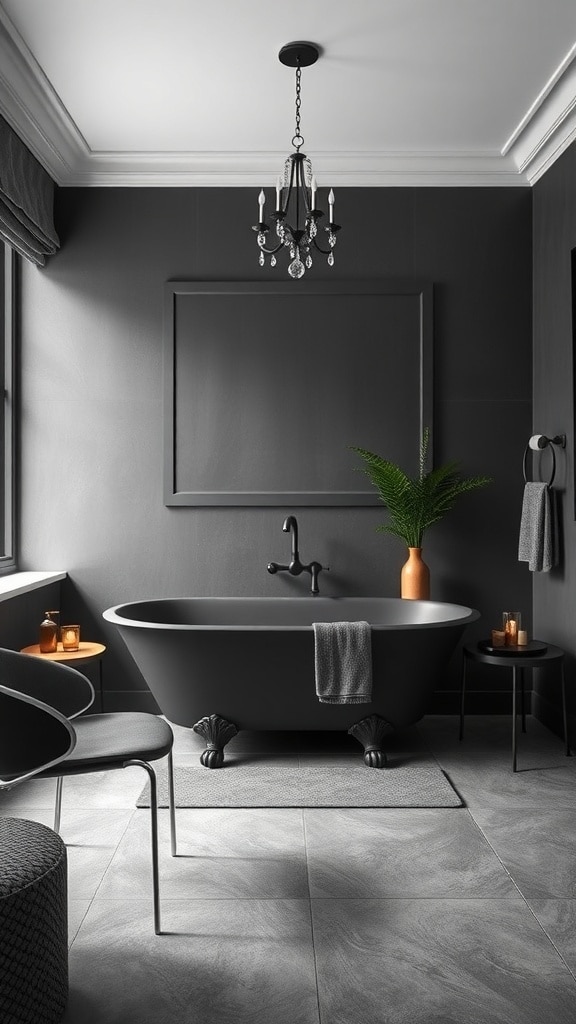 A chic charcoal gray bathroom featuring a freestanding black bathtub, elegant chandelier, and stylish decor.