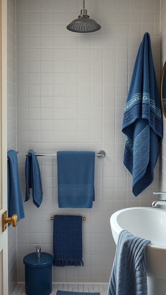 A mid-century bathroom featuring various textured blue towels and accessories.