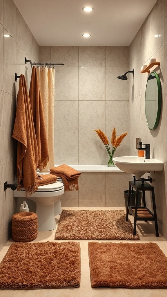 A cozy bathroom featuring brown textiles including towels, mats, and accessories.