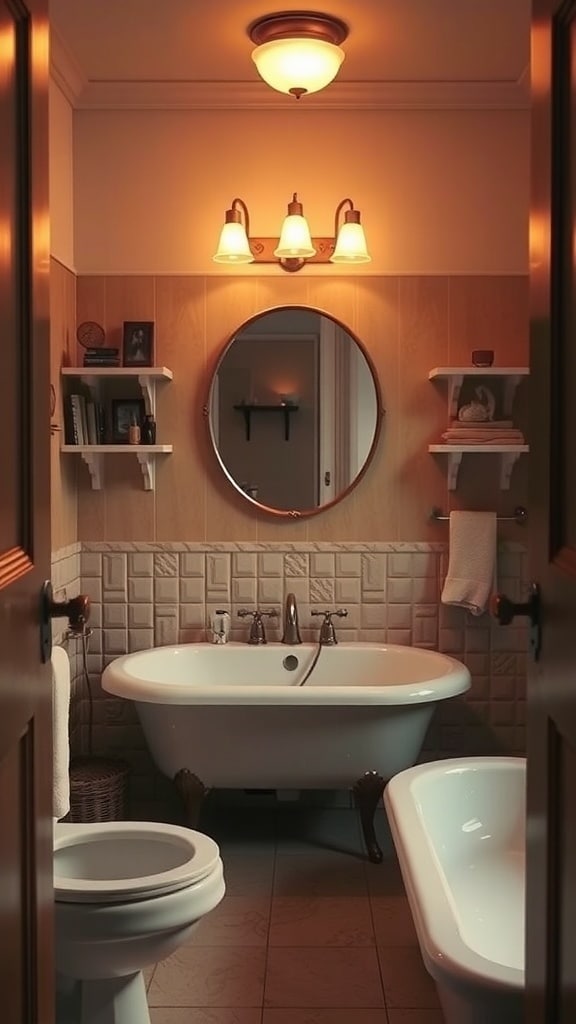 A vintage taupe bathroom with soft lighting, featuring a round mirror and elegant fixtures.