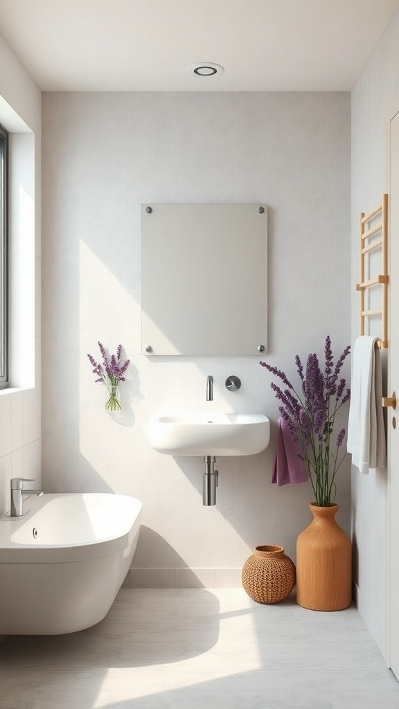 A minimalist bathroom featuring lavender decor, natural materials, and eco-friendly fixtures.