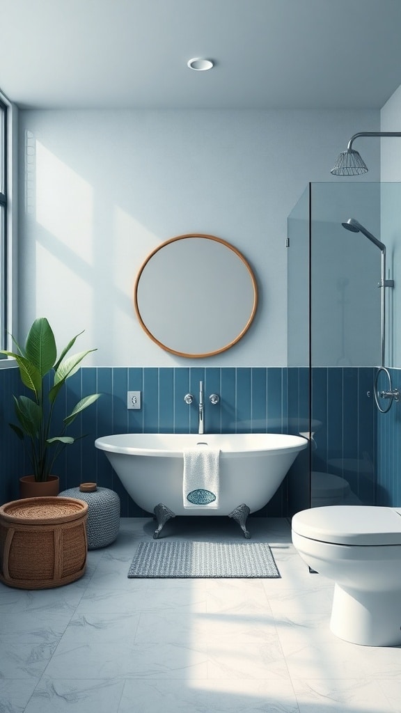 A modern bathroom featuring indigo tiles, a freestanding tub, and natural light.