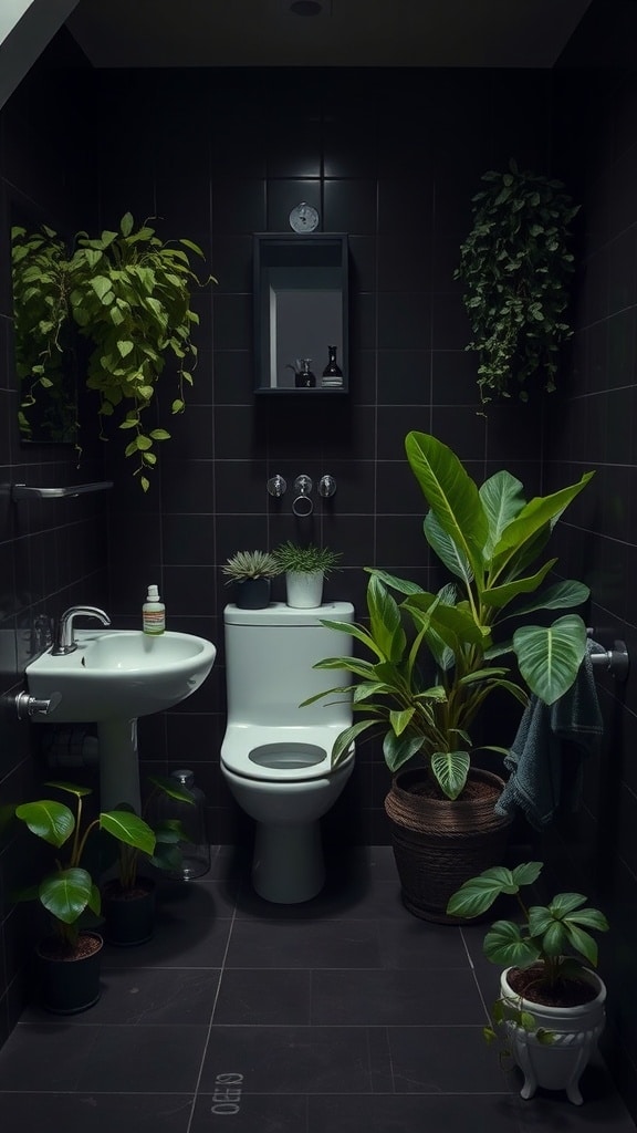 A dark bathroom filled with various plants, showcasing a cozy and refreshing atmosphere.