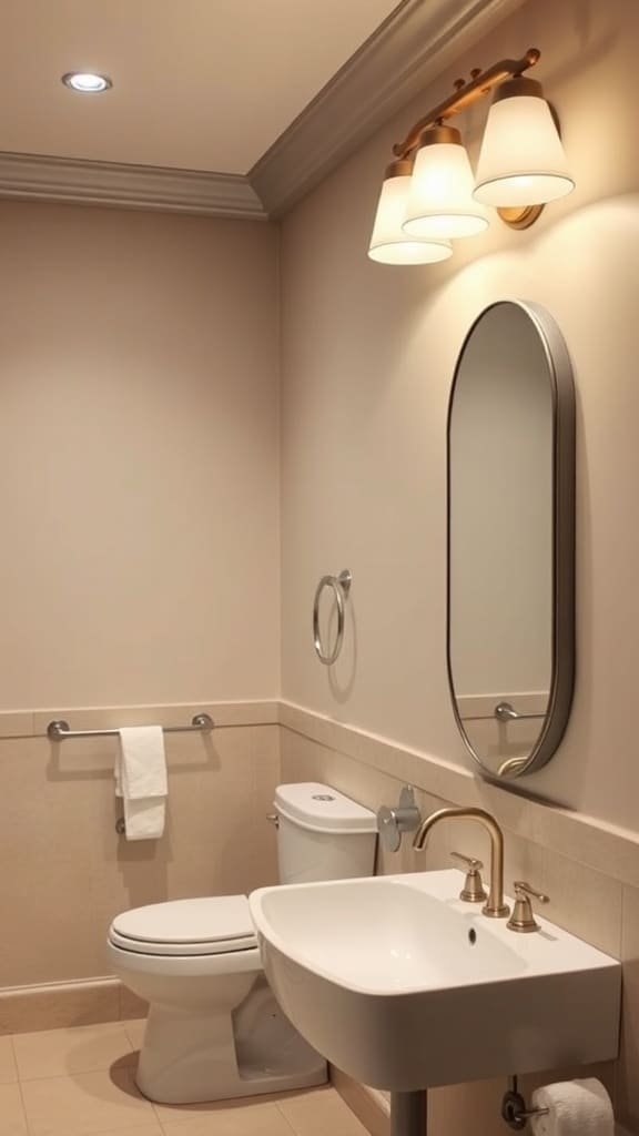 A greige bathroom featuring wall-mounted lighting fixtures and a round mirror.