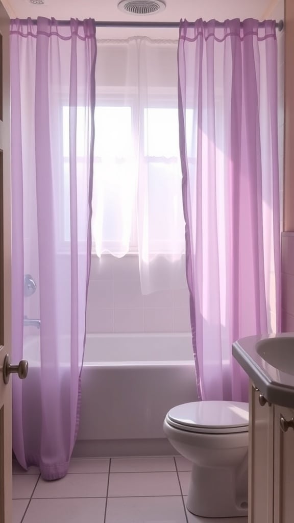 A minimalist bathroom featuring sheer lavender curtains over a bathtub, allowing natural light to enter.