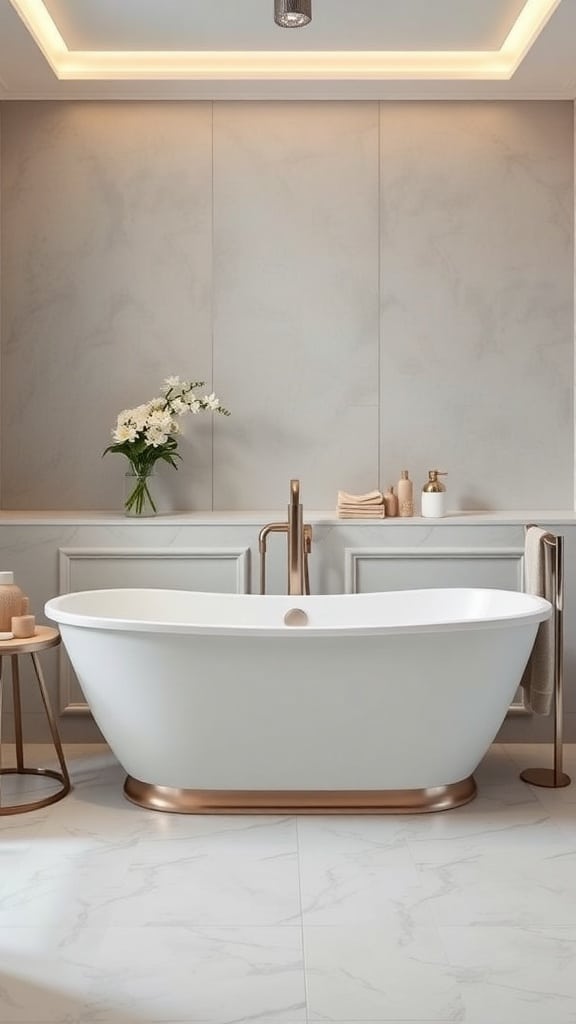 A stylish freestanding bathtub in a greige bathroom with rose gold accents and a vase of flowers.