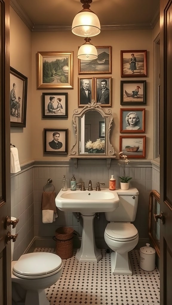 A vintage-inspired bathroom with taupe walls and a gallery of framed wall art.