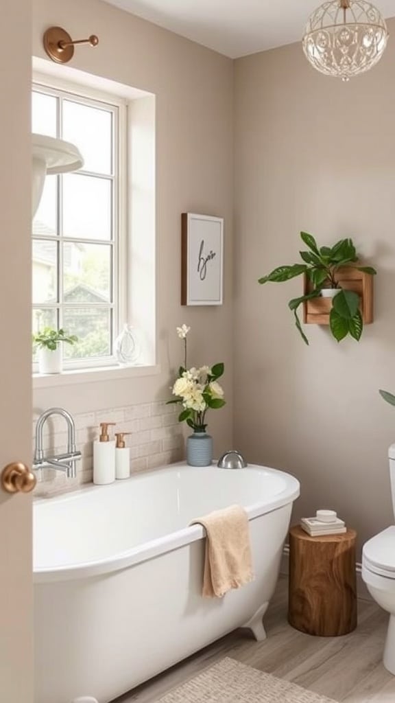 A stylish greige bathroom featuring botanical elements, including plants in woven baskets and framed plant art.