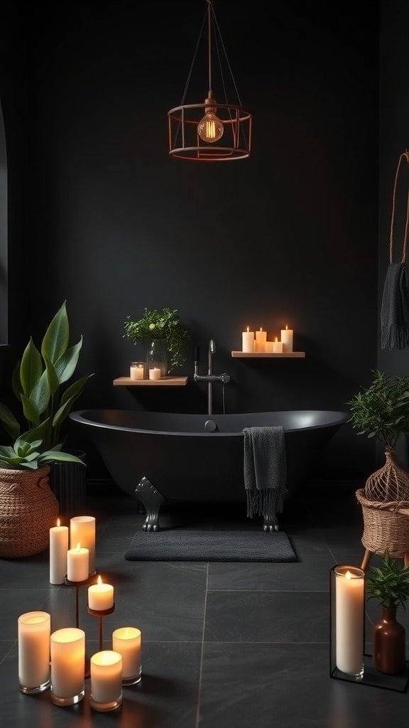 A stylish black freestanding bathtub surrounded by candles and plants in a dark bathroom.