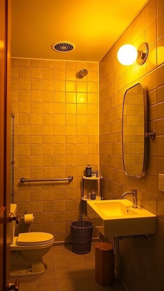A modern bathroom with mustard yellow hues, featuring warm lighting, tiled walls, and a sleek sink.