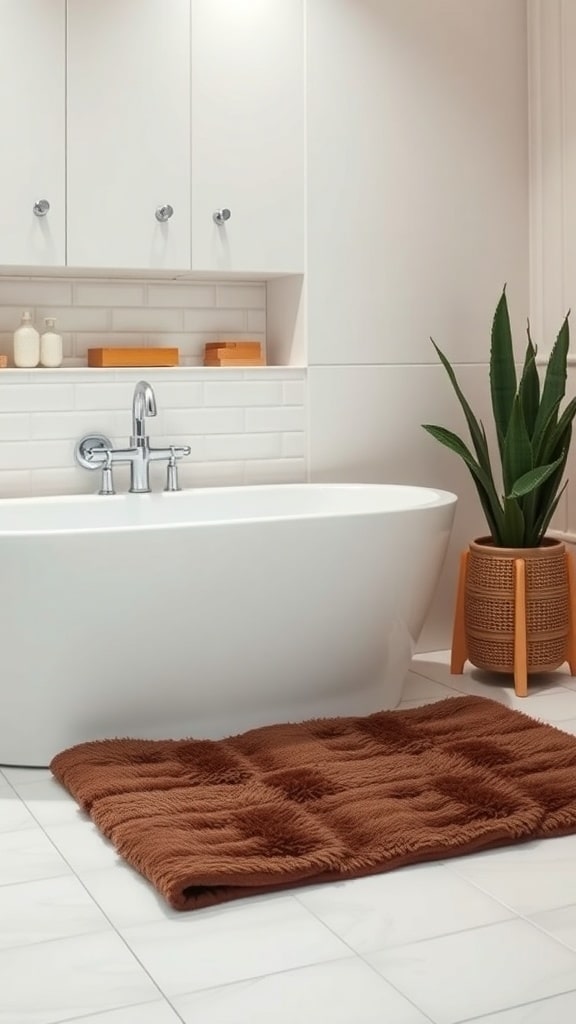 Chocolate brown bath mat on a bathroom floor near a white bathtub and plant.