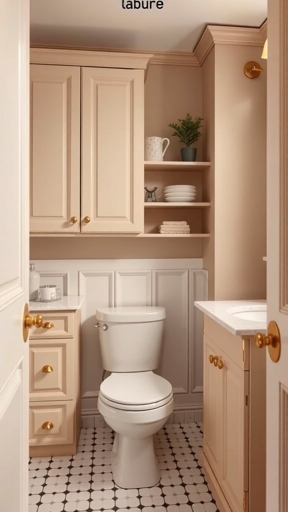 A vintage taupe bathroom featuring cabinets, open shelves, and decorative items.