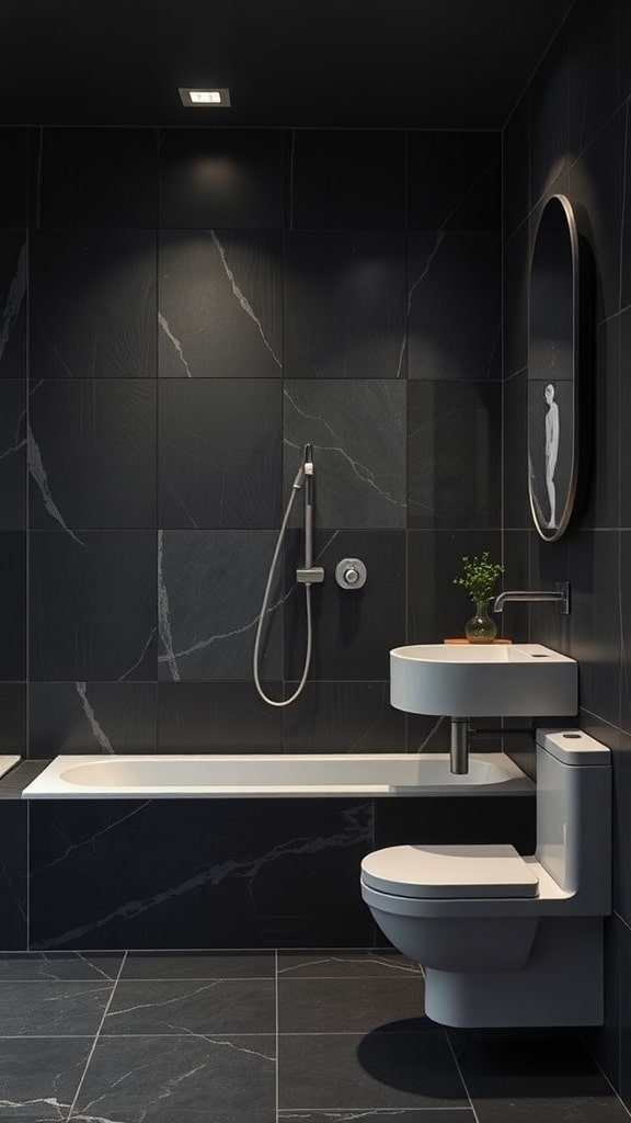 Modern charcoal gray bathroom with sleek fixtures and minimalist design