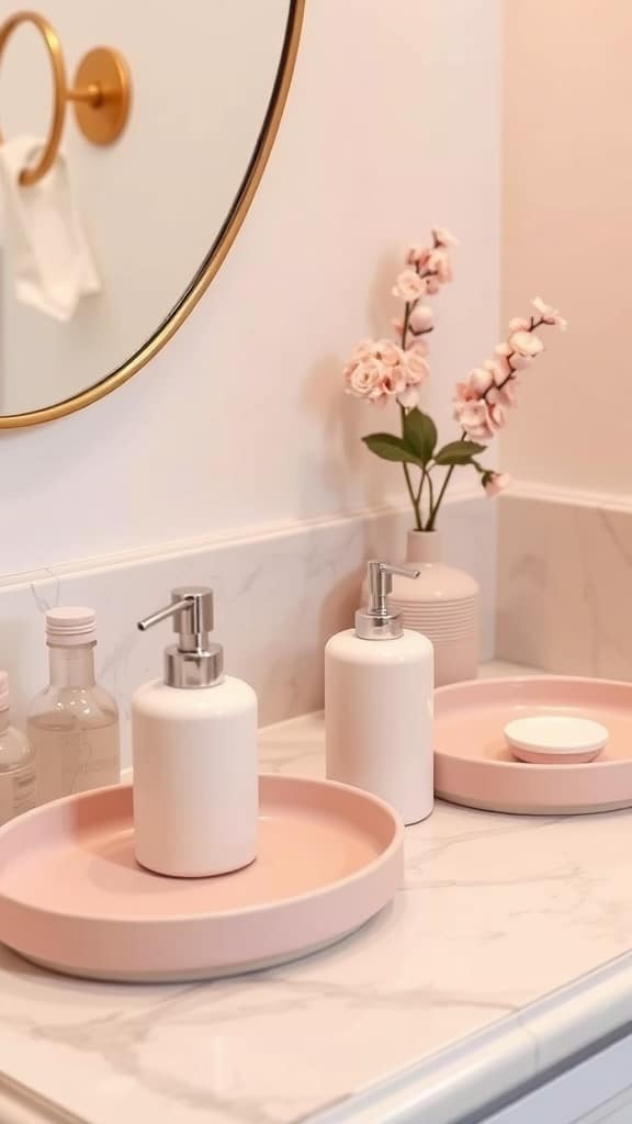 Aesthetic blush pink bathroom accessories including trays, soap dispensers, and flowers.
