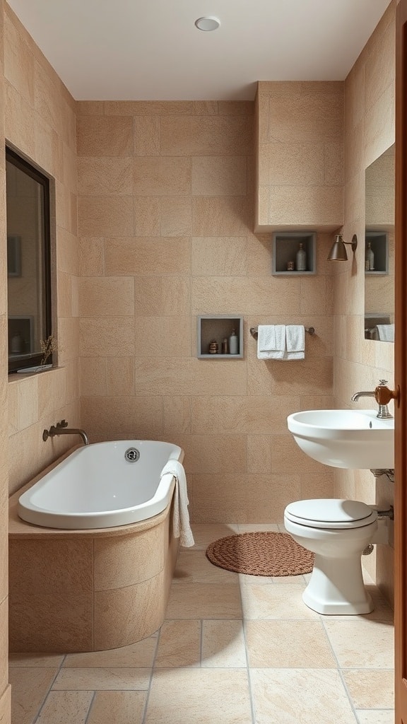 A vintage taupe bathroom with natural stone elements, featuring a curved bathtub and recessed shelves.