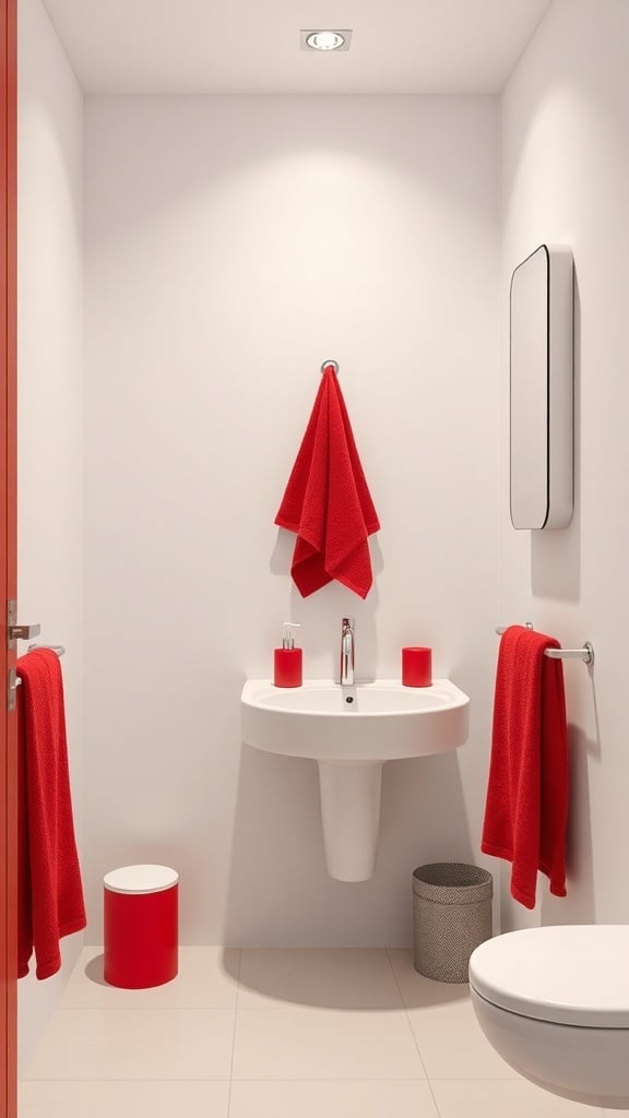 Minimalist bathroom with red accessories against a white background