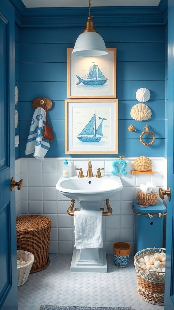 A light blue nautical-themed bathroom featuring framed ship prints, seashell decor, and woven baskets.